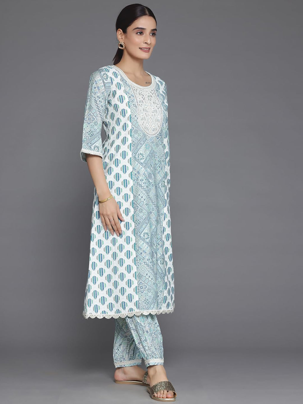 Libas Blue Printed Silk Blend A-Line Kurta With Salwar