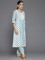 Libas Blue Printed Silk Blend A-Line Kurta With Salwar