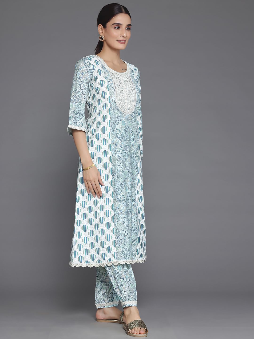 Libas Blue Printed Silk Blend A-Line Kurta With Salwar