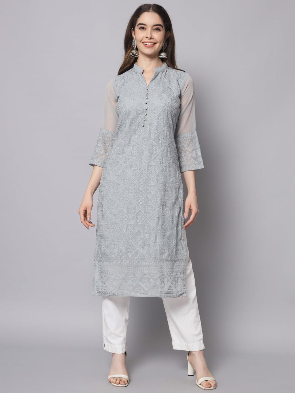 Ekasya WomenS Georgette Straight Cut Notch Neck Kurta With Beautiful Embroidery Work (E1547) Grey