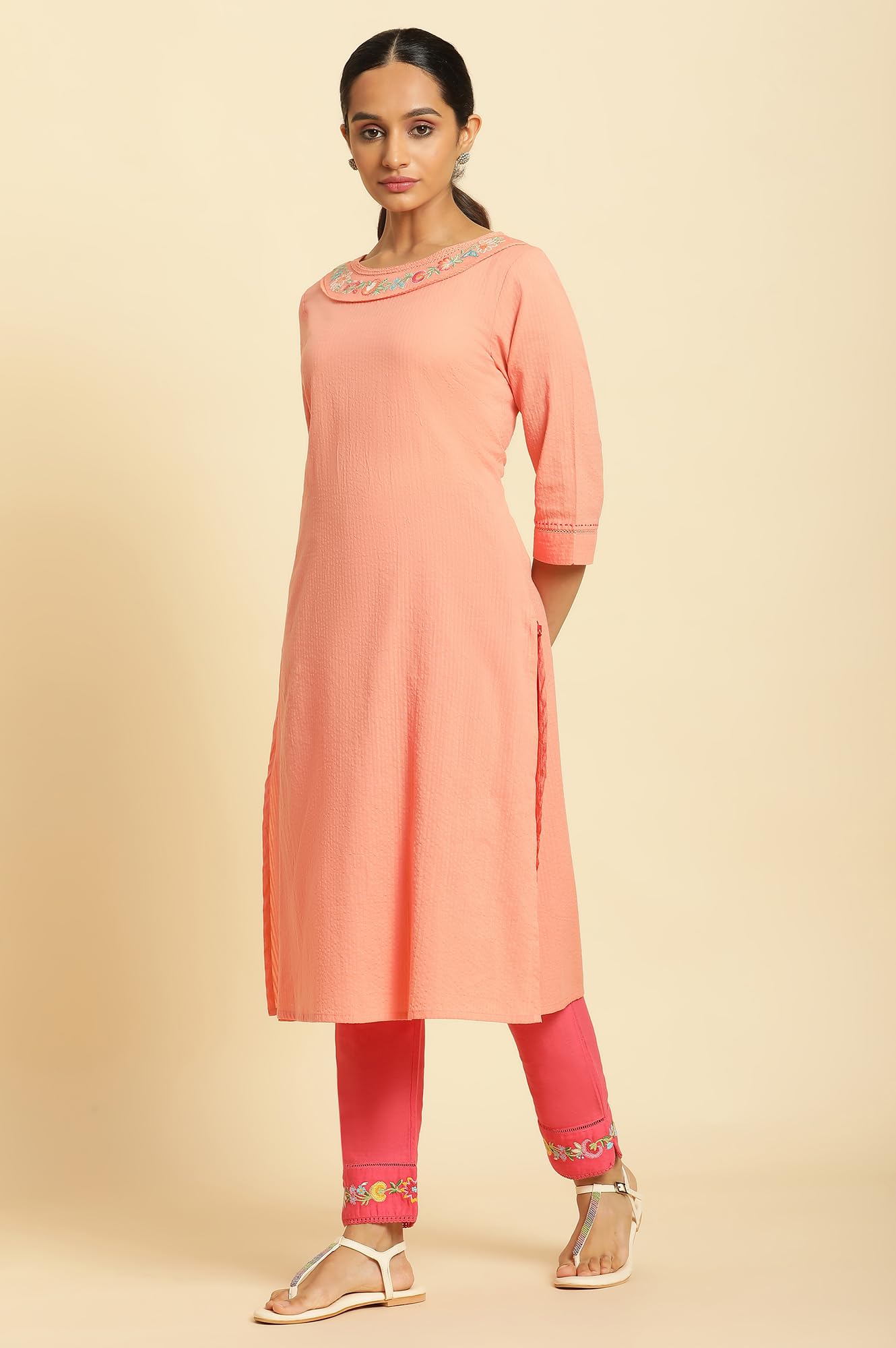 W Embroidered Cotton Regular Kurta For Women In Orange
