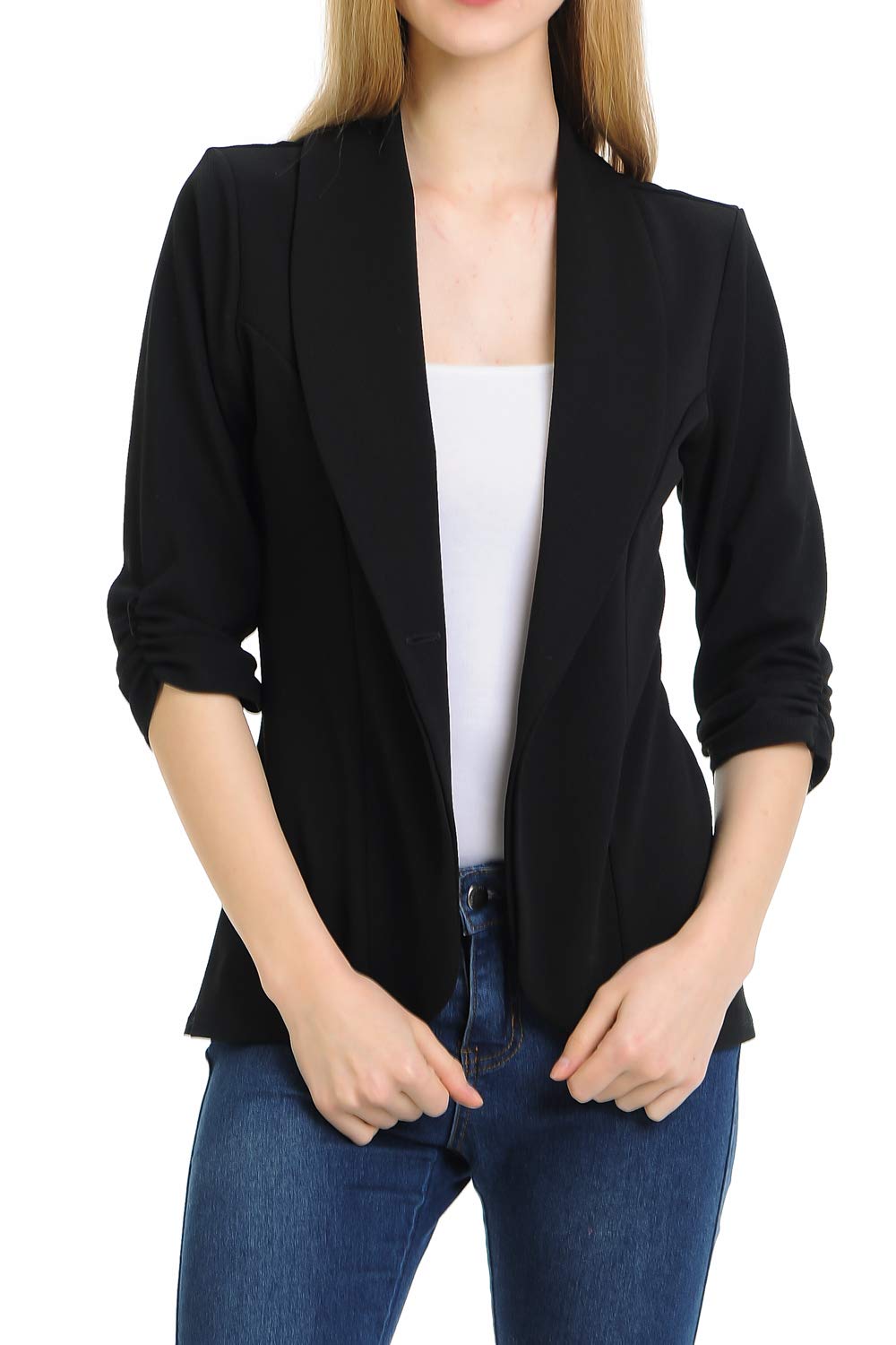 MINEFREE Women's 3/4 Ruched Sleeve Lightweight Work Office Blazer Jacket Black L