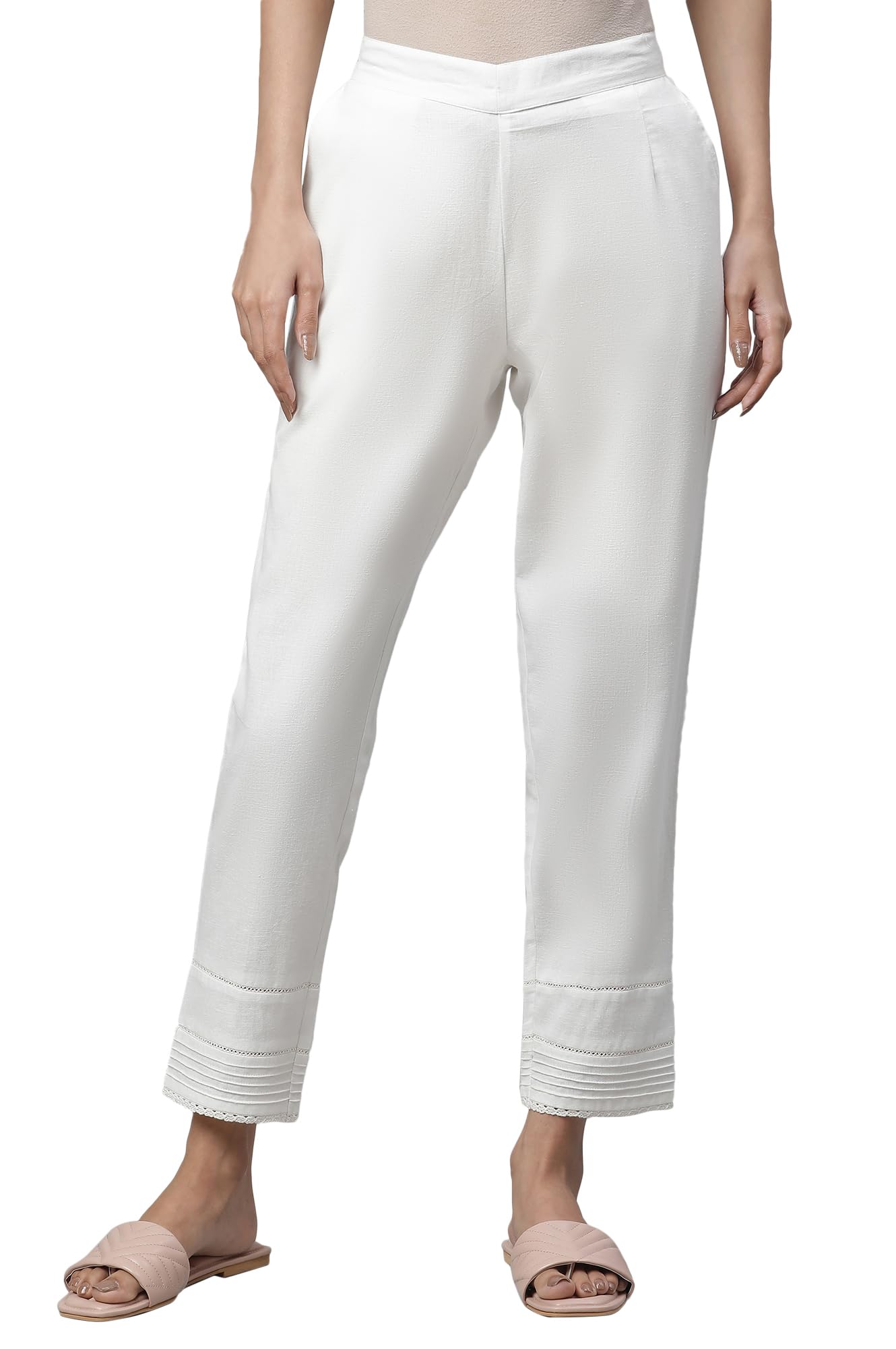 Aurelia White Solid Cotton Blend Regular Trousers for Women