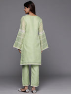 Varanga Women Green Kota Check Cotton Lace Short Kurta With Bottom, Round Neck With Keyhole Detail, Long Sleeves, Side Slits, To