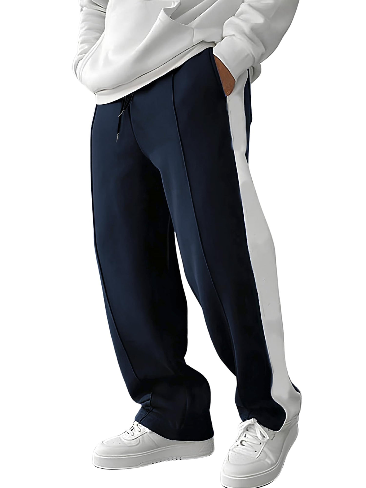 Jump Cuts Mens Colorblock Navy And White Loose Fit Trackpant