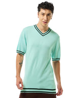 Bewakoof Mens Textured Regular Fit Half Sleeve V-Neck Cotton Flatknit T-Shirt_634376_Blue_M
