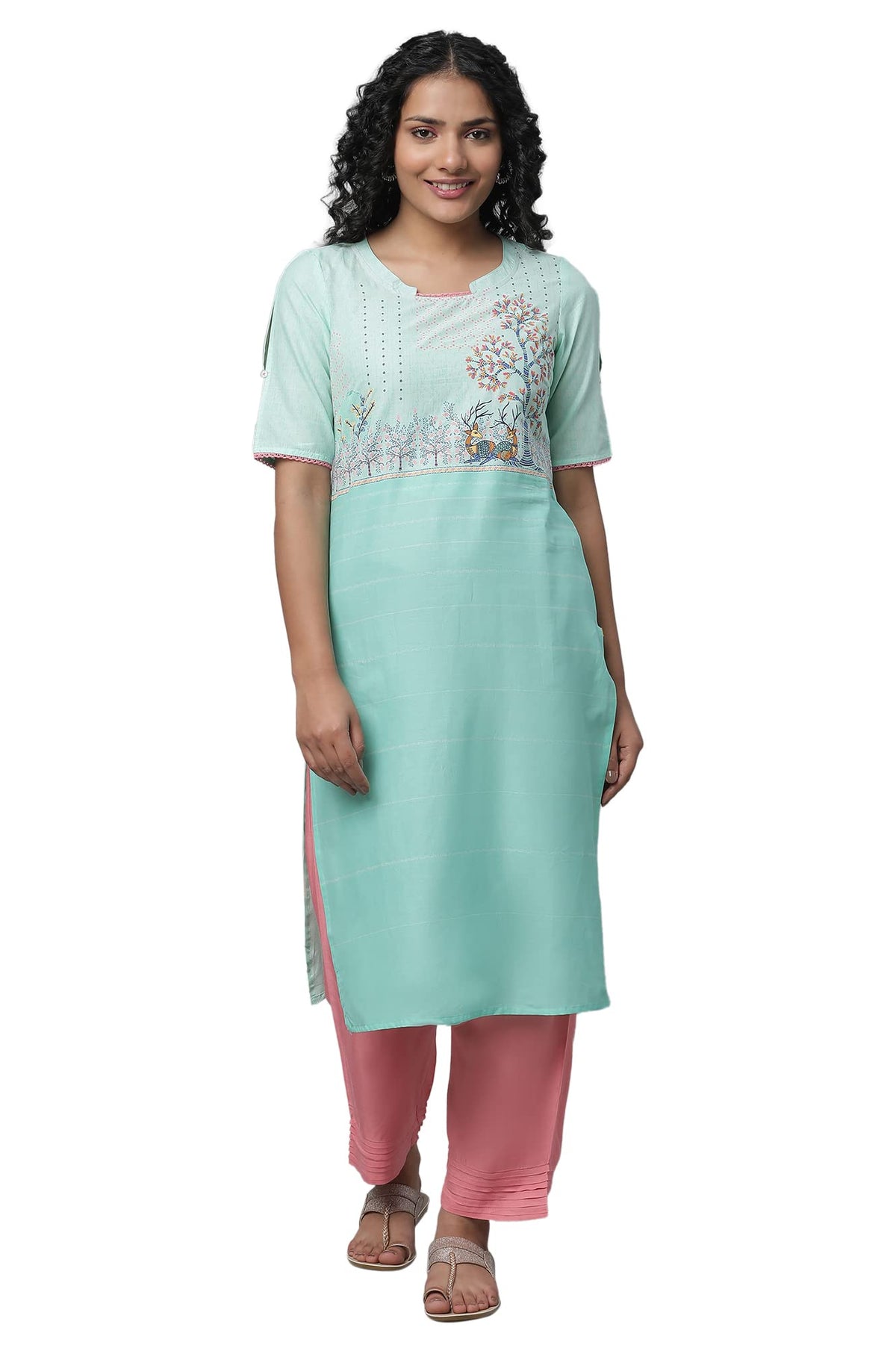 Aurelia Womens Cotton Kurta & Palazzo (23FEAS14468-506768_Green