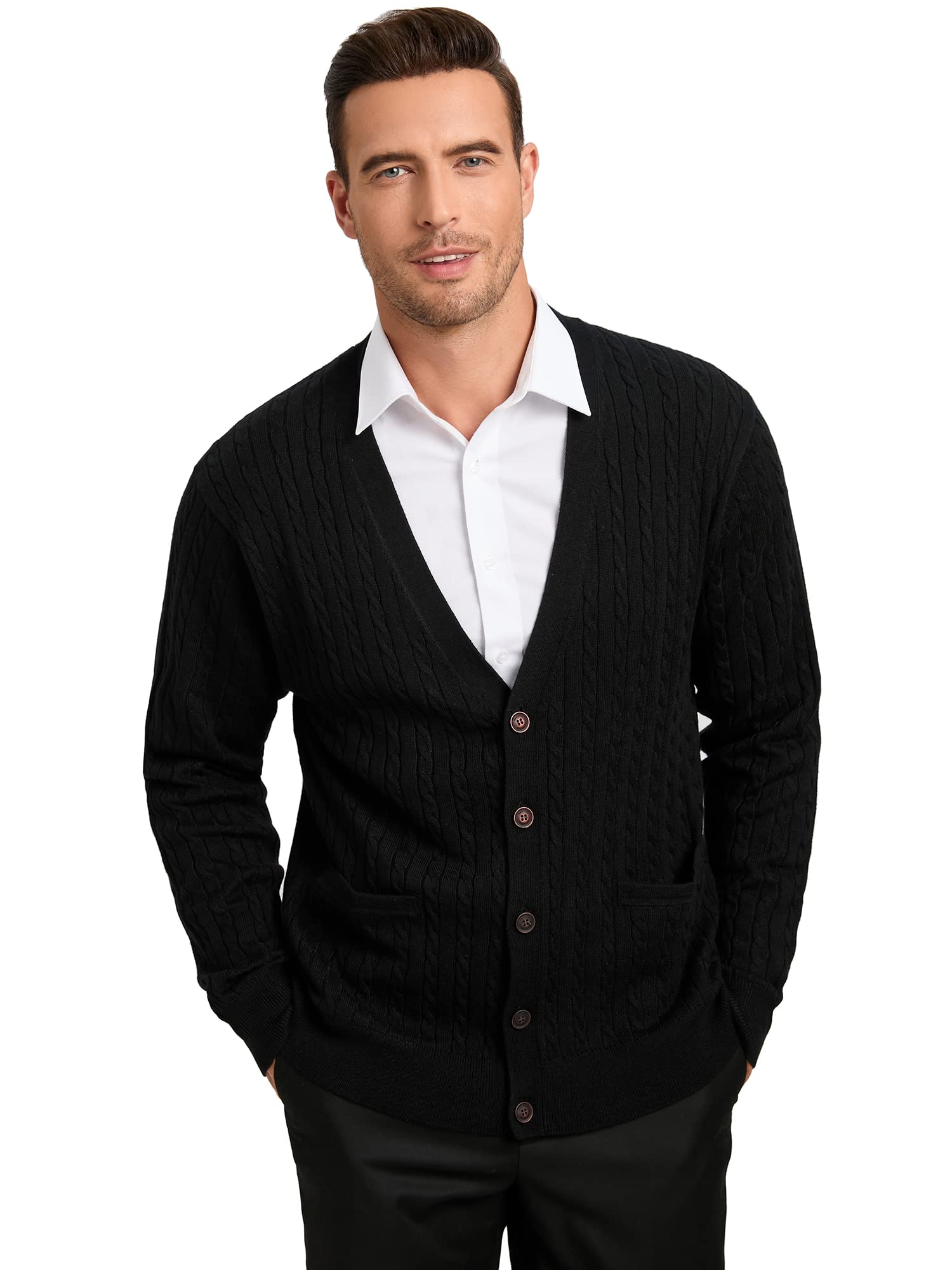 Kallspin Men's Cardigan Sweater Cashmere Wool Blend Cable Knit V Neck Buttons Cardigan with Pockets(Black, Medium)