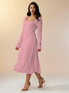 Shasmi Womens Pink Square Neck A-Line Dress  Long Sleeve, Tie Waist, Knitted Stretchable, Casual & Office Outfit, Solid Winter M