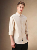 Dennis Lingo Men Beige Solid Cotton Relaxed Fit Full Sleeve Shirts