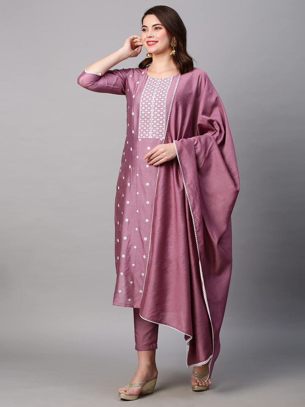 ANNI DESIGNER Womens Cotton Blend Embroidered Straight Kurta with Pant & Dupatta (HIMA-Purple_XXL_Purple_XX-Large)
