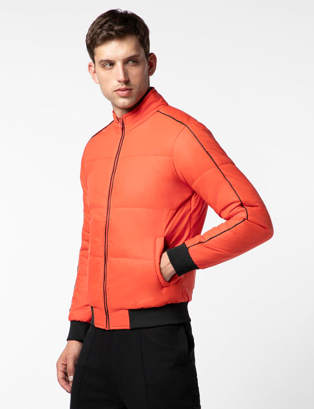 FYLTR Mens Lightweight Winter Puffer Jacket with Contrast Piping Detail - Stand Collar | Full Zipper | Side Pockets | Ribbed He