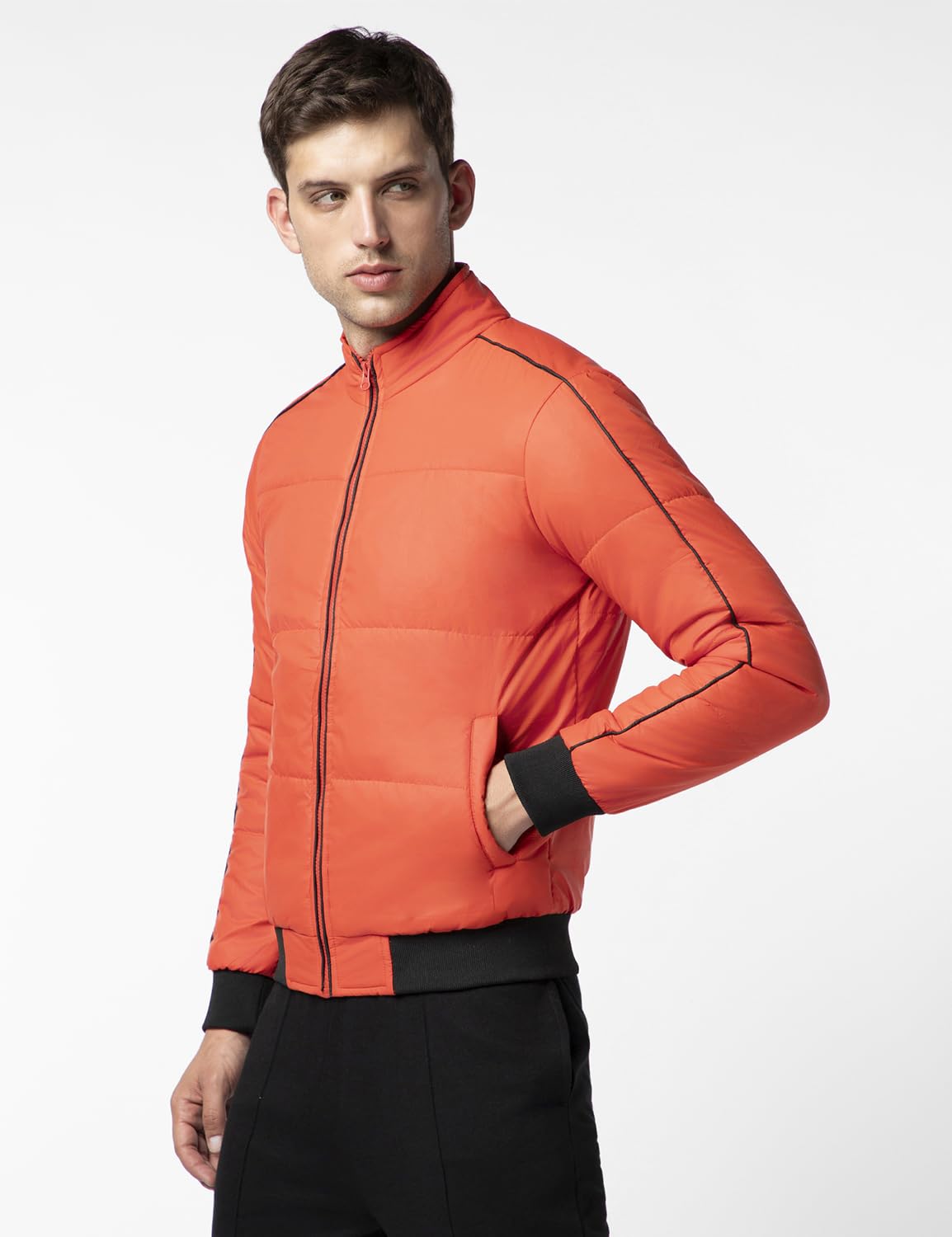FYLTR Mens Lightweight Winter Puffer Jacket with Contrast Piping Detail - Stand Collar | Full Zipper | Side Pockets | Ribbed He