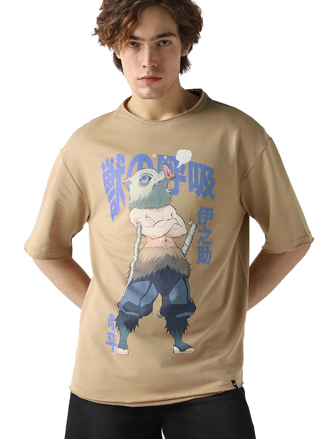 Bewakoof Heavy Duty 1.0 Official Demon Slayer Merchandise Inosuke Hashibira Mens Graphic Print Oversized Fit Half Sleeve Round 
