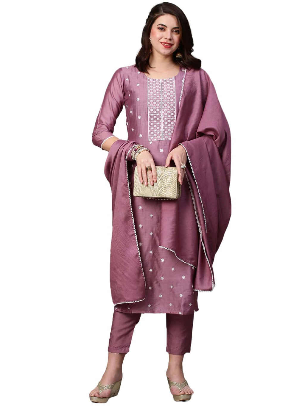 ANNI DESIGNER Womens Cotton Blend Embroidered Straight Kurta with Pant & Dupatta (HIMA-Purple_XXL_Purple_XX-Large)