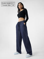 The Souled Store Denim Pants: Raw Blue Women and Girls Drawstringed Solid Straight Fit Cotton Jeans