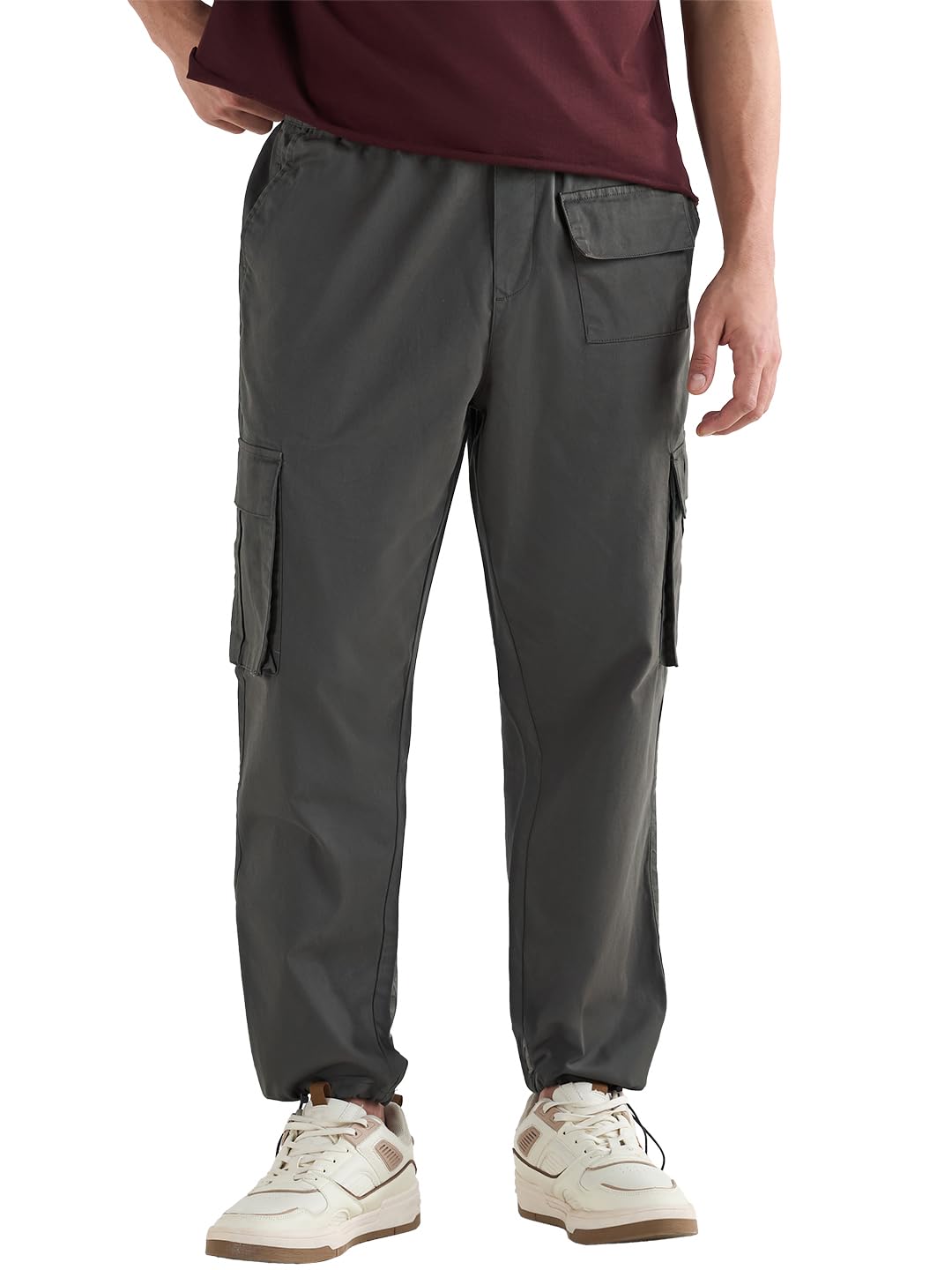 Bewakoof Mens Solid Oversized Fit Cotton Blend Cargo Trousers_ 609766 Grey_ 28