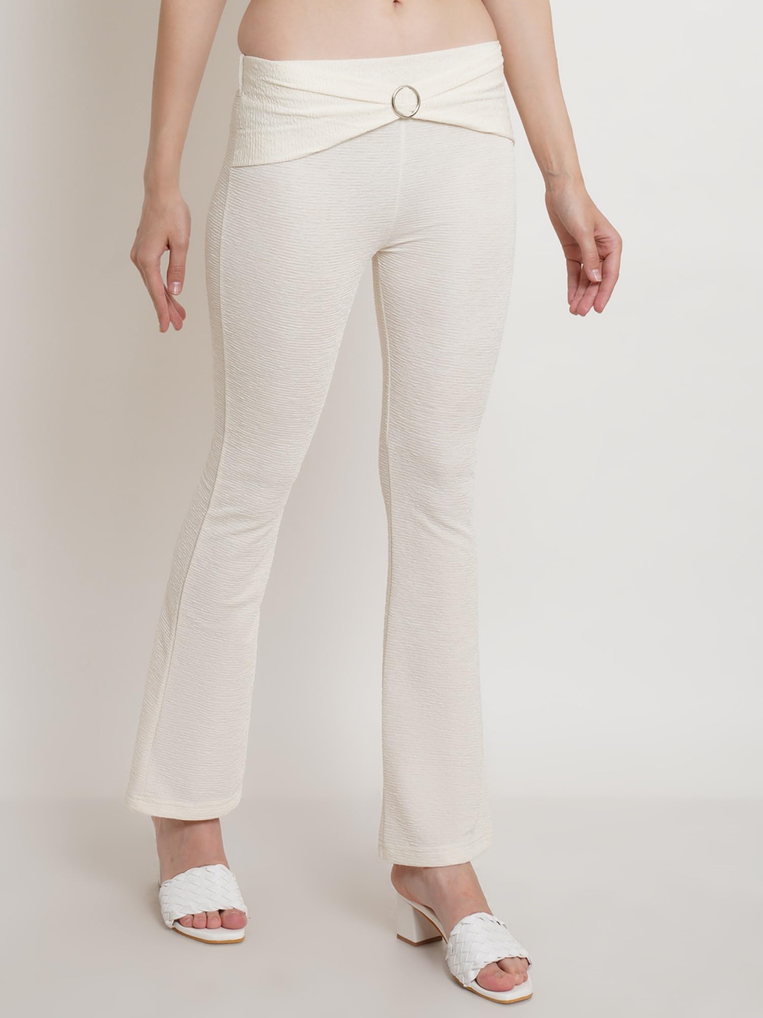POPWINGS Casual Self Design Crush Bootcut Front Ring Trouser for Women || Pull On Regular Fit Bootcut Women Trouser for Summer |