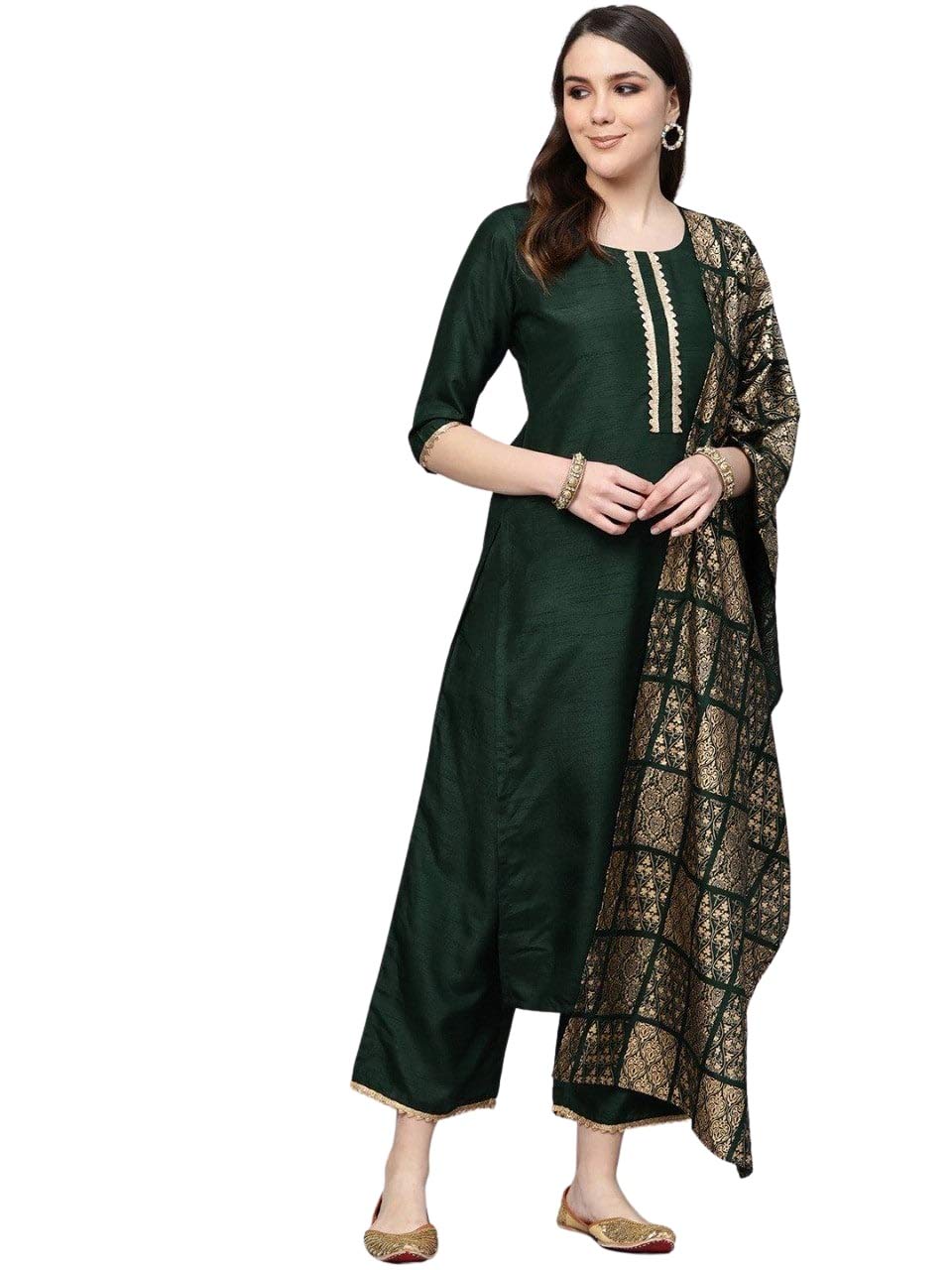 Gosriki Women'S Cotton Regular Kurta With Palazzo (Sonari_L_Green_Large)