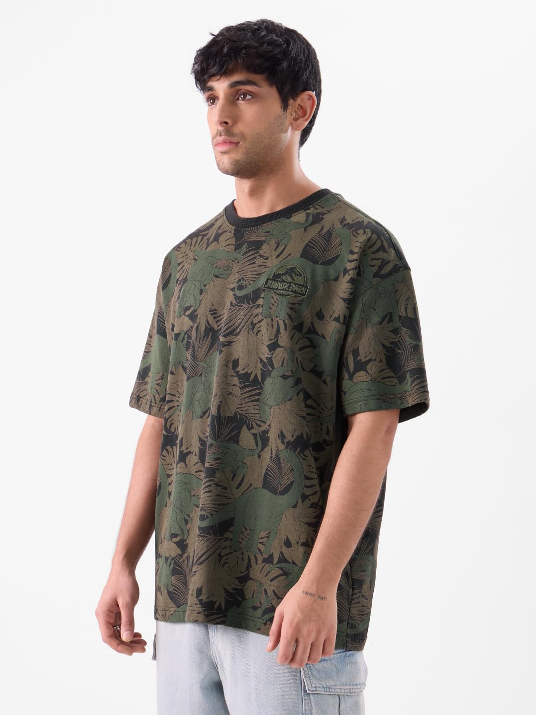 The Souled Store Official Jurassic Park: Raptor Rumble Men and Boys Short Sleeves Round Neck All Over Printed Cotton Oversized T