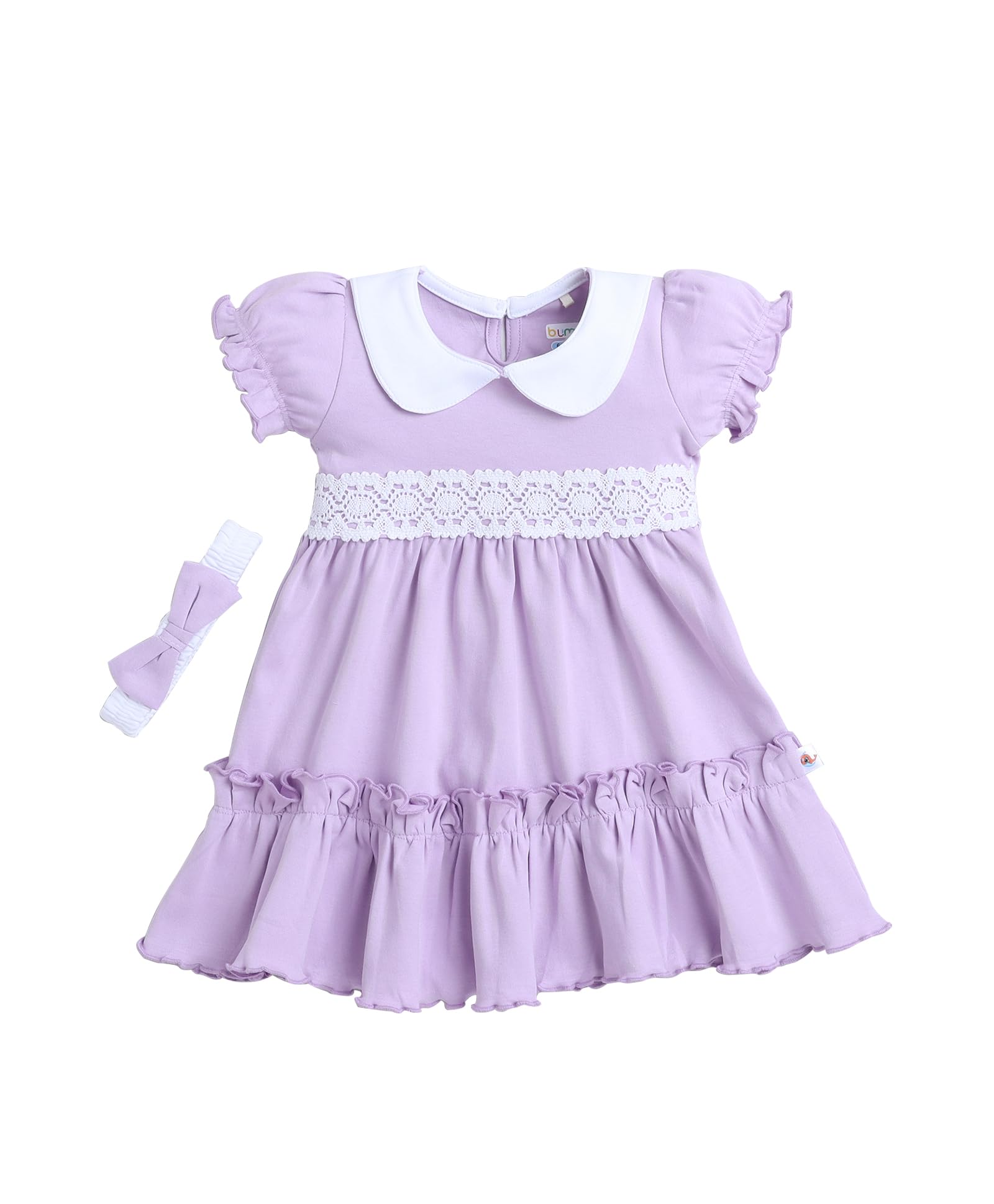 Bumzee Lavender Girls Half Sleeves Cotton Knee Length Frock with Headband Age - 6-12 Months (Peb9066C-lvd)