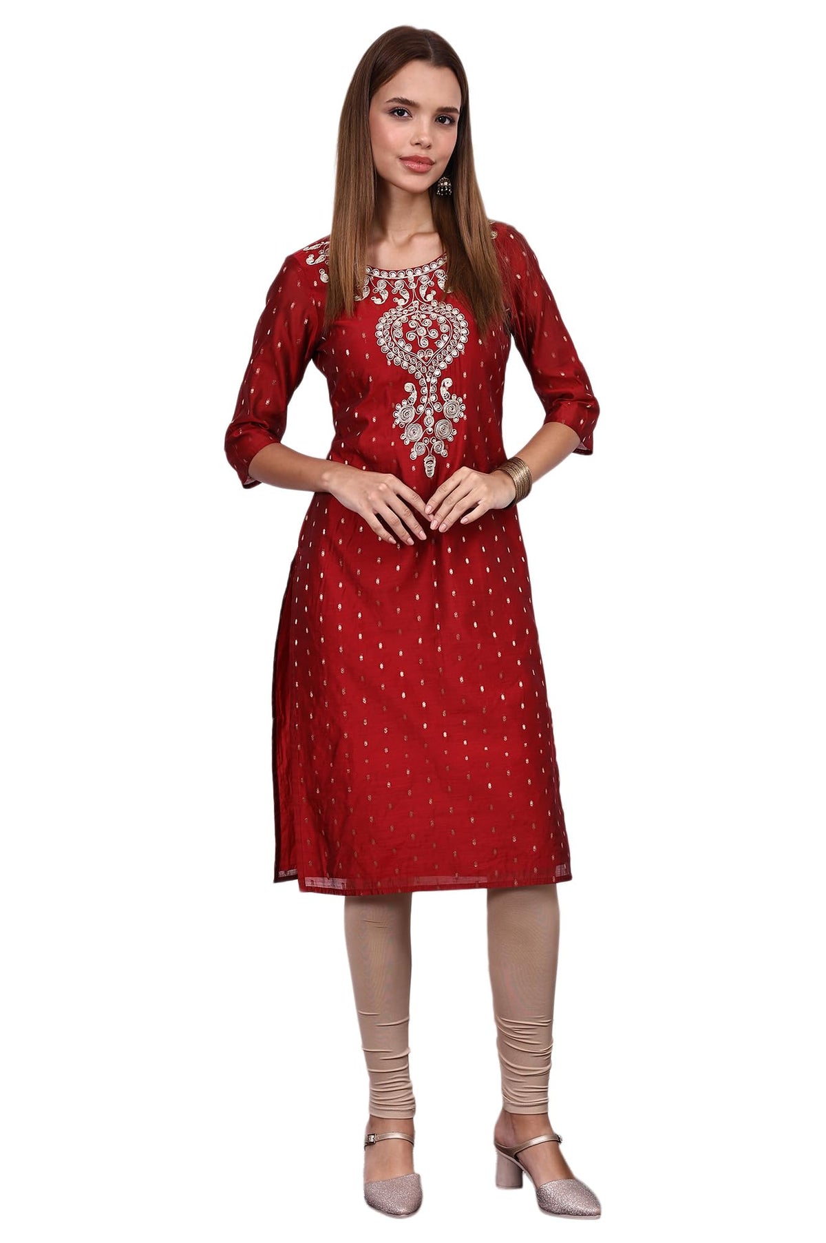 Aurelia Womens Red Dori Embroidered Chanderi Jacquard Straight Festive Kurta (Size: M)-A16095-705790