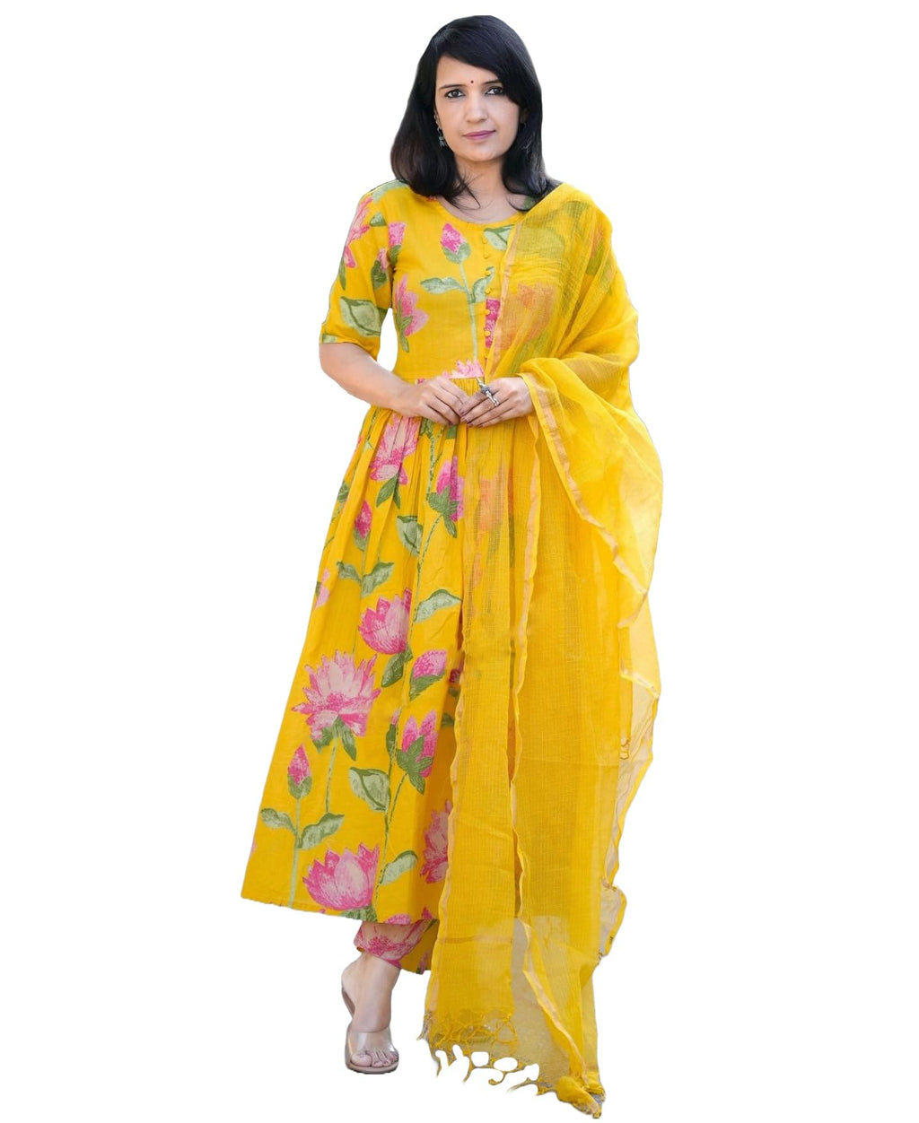ANNI DESIGNER Womens Rayon Viscose Printed Anarkali Kurta with Pant & Dupatta (Rubina Yellow_L_Yellow_Large)