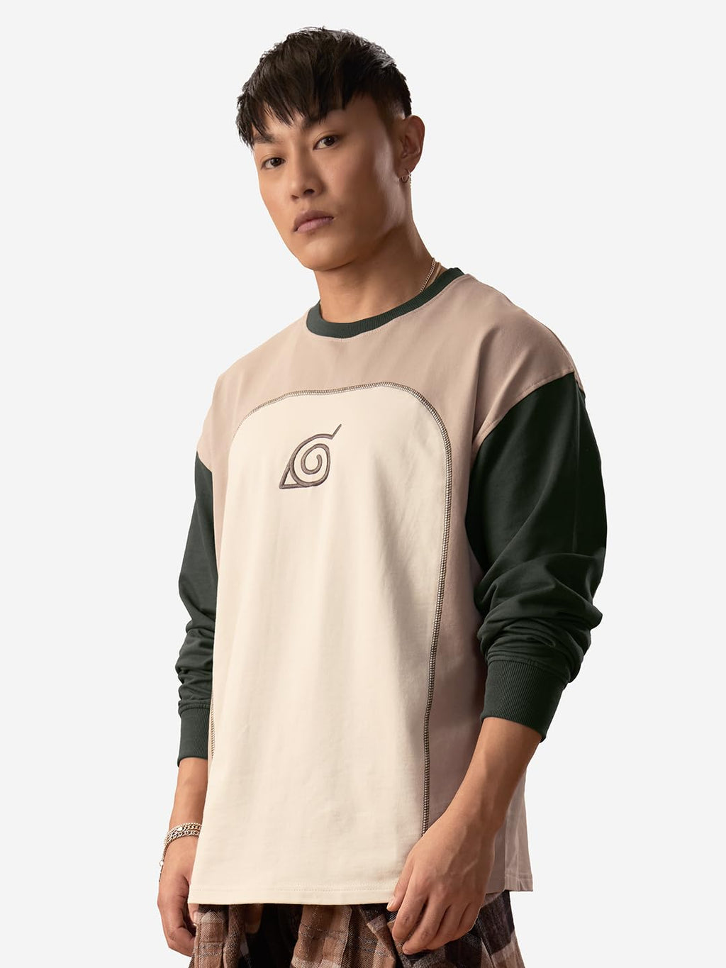 The Souled Store Naruto Shippuden: Konoha Leaf Men and Boys Round Neck Beige Colour Block Cotton Oversized Full Sleeve T-Shirts