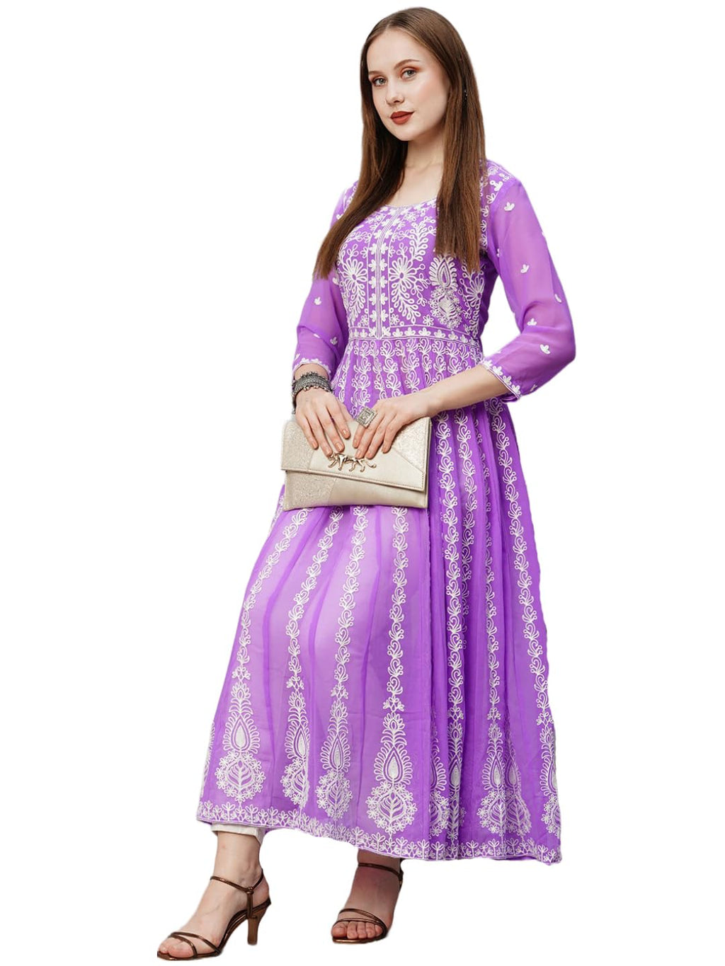 ANNI DESIGNER Women's Georgette Chikankari Embroidered Anarkali Kurti (Kari Purple-KDS_S_Purple_Small)