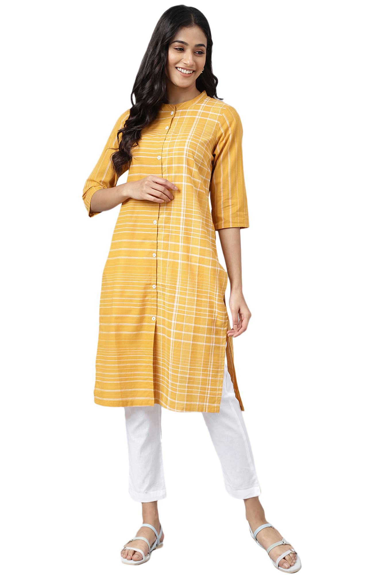 Aurelia Women Mustard Dobby Geometric Yarn Dyed Straight Kurta_22Aua13368-703597_Xl