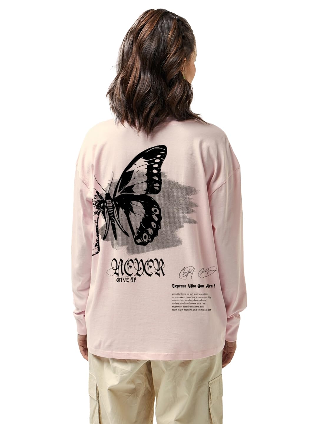 Bewakoof Womens Graphic Print Oversized Fit Full Sleeve Round Neck Cotton T-Shirt_628316_Pink_L