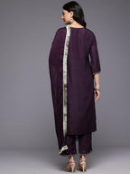 Varanga WomenS Purple Thread Embroidered Sequins Embellished Straight Kurta Paired With Bottom And Dupatta