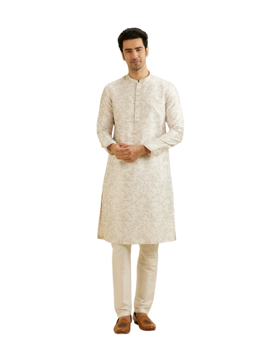 Manyavar MenS Art Silk Bel Buti Printed Kurta Set (Warm White,Xxl)