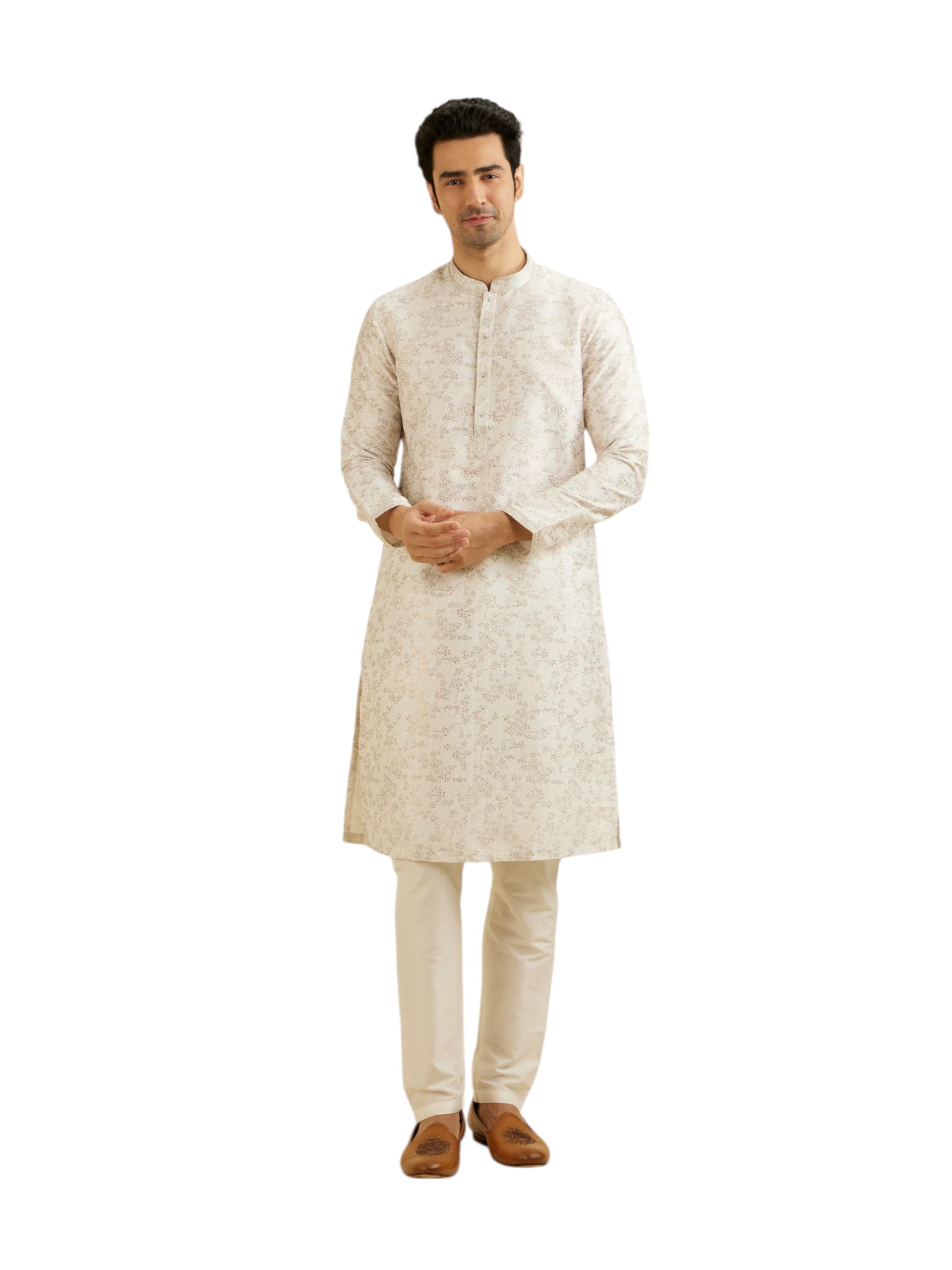 Manyavar MenS Art Silk Bel Buti Printed Kurta Set (Warm White,Xxl)