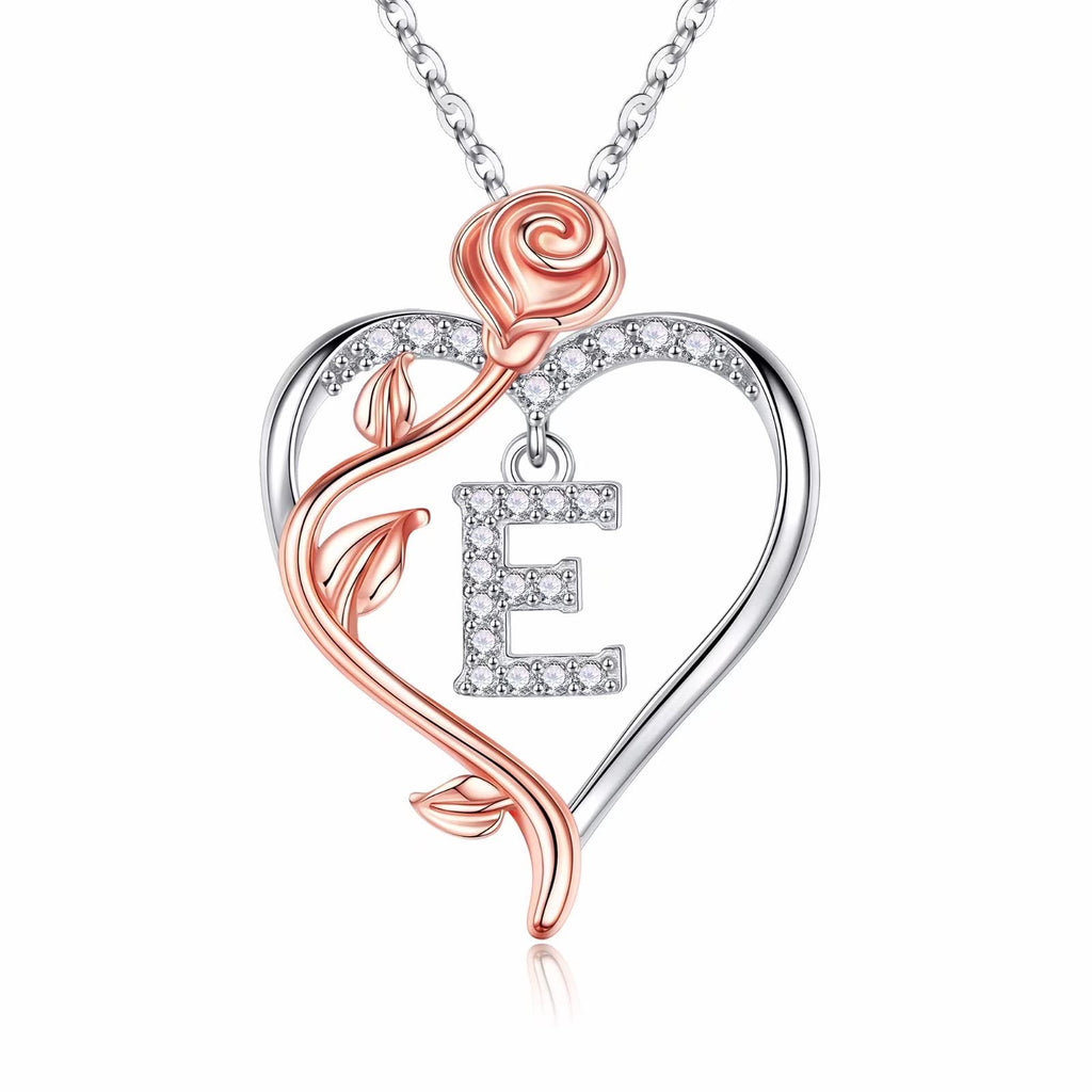 Necklace Gifts for Women, 925 Sterling Silver Unique Rose Love Heart Initial E Letter Pendant Necklace Jewelry Mothers Day Valen