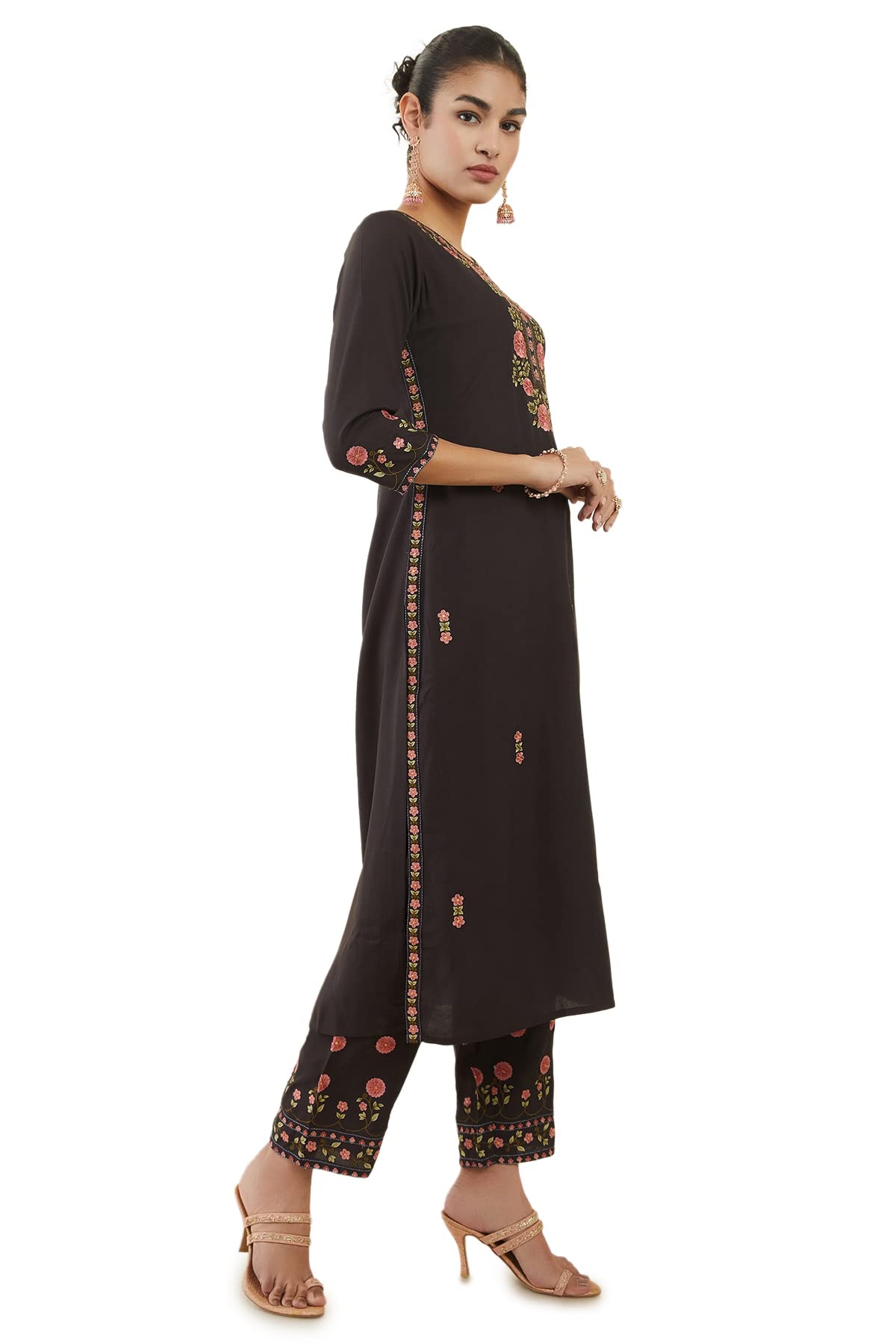 Soch Womens Charcoal Rayon Floral Embroidered Kurta Set