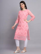 Ekasya WomenS Georgette Straight Cut Round Neck Kurta With Locknawi Chickenkari Beautiful Embroidery Work (E1604) Orange
