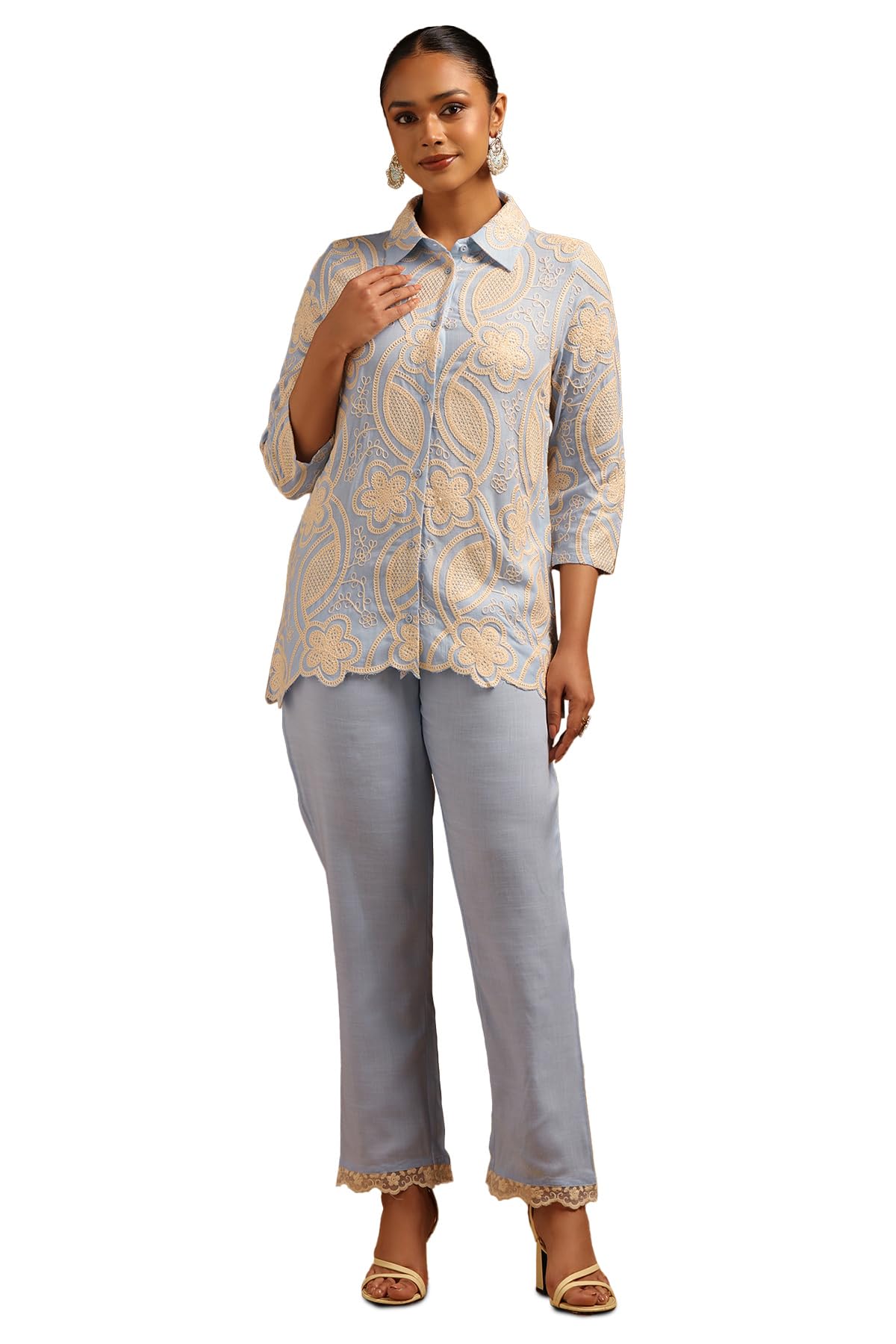 Soch Women Pattern: Embroidered Fabric: Rayon Slub Closure: Button Package Contains: Tunic Pant