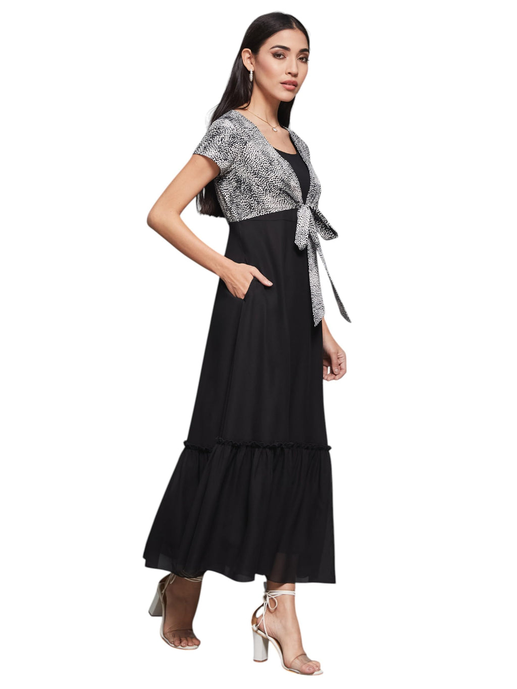 Miss Chase Womens Tapered Short Sleeve Animal Tie-Up Midi Dress (MCSS25D91-87-62-02, Black, XS)