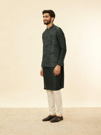 Manyavar Mens Green Blended Rayon Self Design Kurta Pyjama Jacket Set