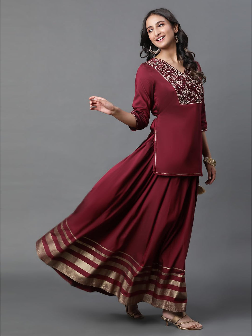 Aurelia Embroidered Maroon Blend Dori Kurta Dupatta Bottomwear