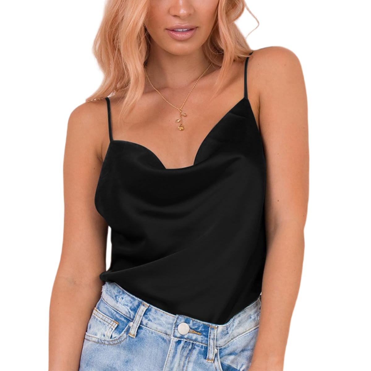 Miessial Womens Spaghetti Straps V Neck Satin Camisole Sleeveless Soft Tank Tops Black 14 14