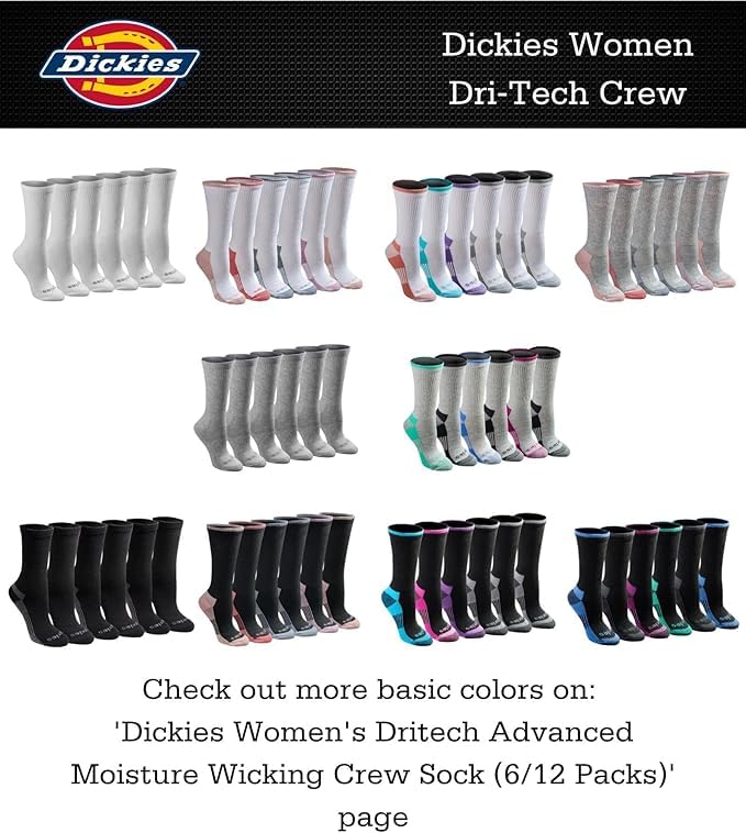 Dickies Women's Dri-Tech Fashion Moisture Control Crew Socks, Available in S-XL (5, 6, 12, Black Marl (6 Pairs), Medium