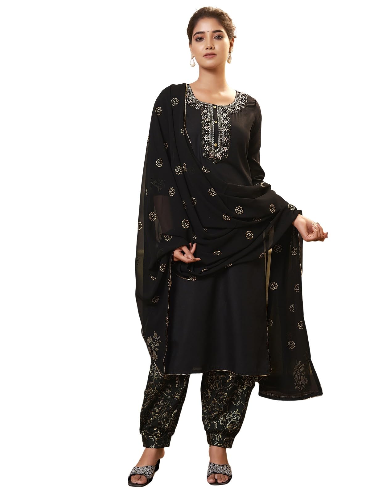 Sanisa Womens Cotton Blend Sequence Embroidery Work Straight Kurta With Pant And Dupatta Set (109KBD1194N-L_Black)