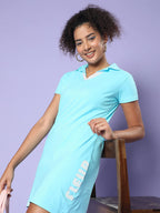 Juneberry Women Polo Collar Bodycon Atomizer T-Shirt Dress With Typographic Print