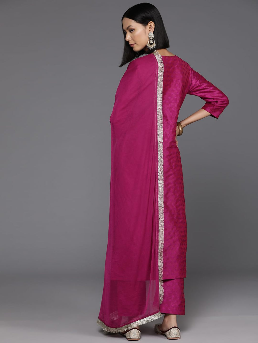 Varanga Women Pink Embroidered Straight Kurta Paired With Tonal Bottom And Dupatta