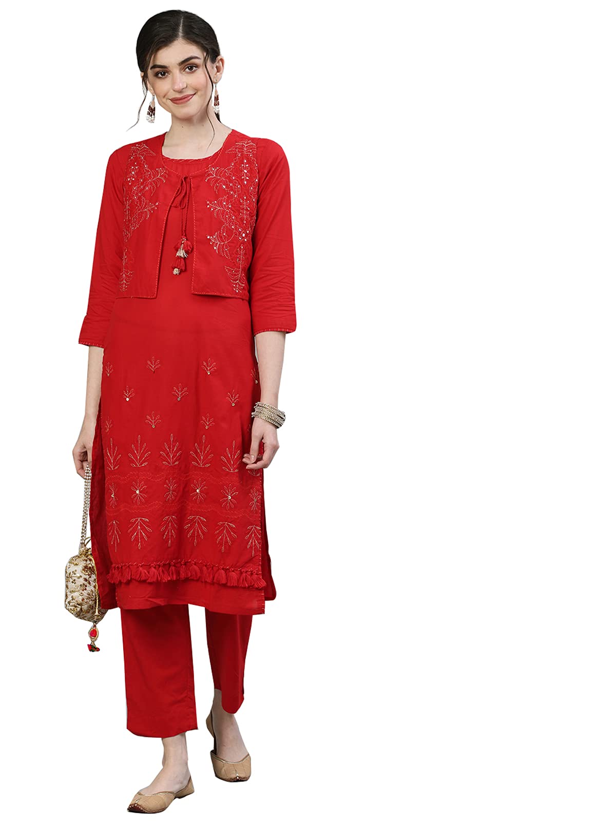 Ishin Women'S Pure Cotton Red Embroidered Straight Kurta Suit Set With Pants Kplpramts-9085_S_Red
