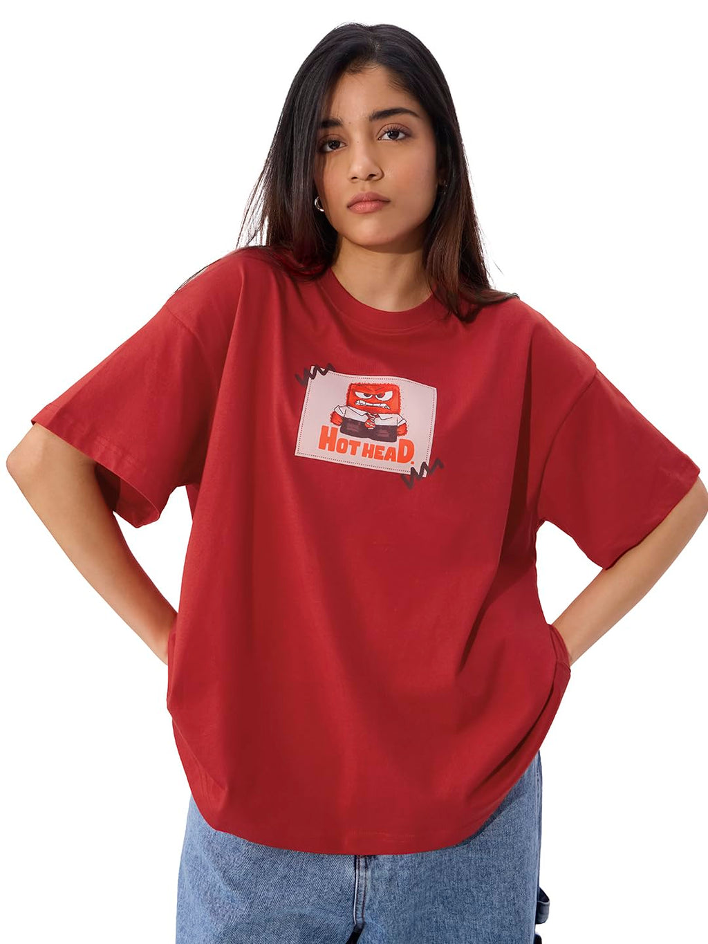 The Souled Store Official Inside Out Originals: Anger Women and Girls Short Sleeve Round Neck Black Graphic Printed Cotton Overs