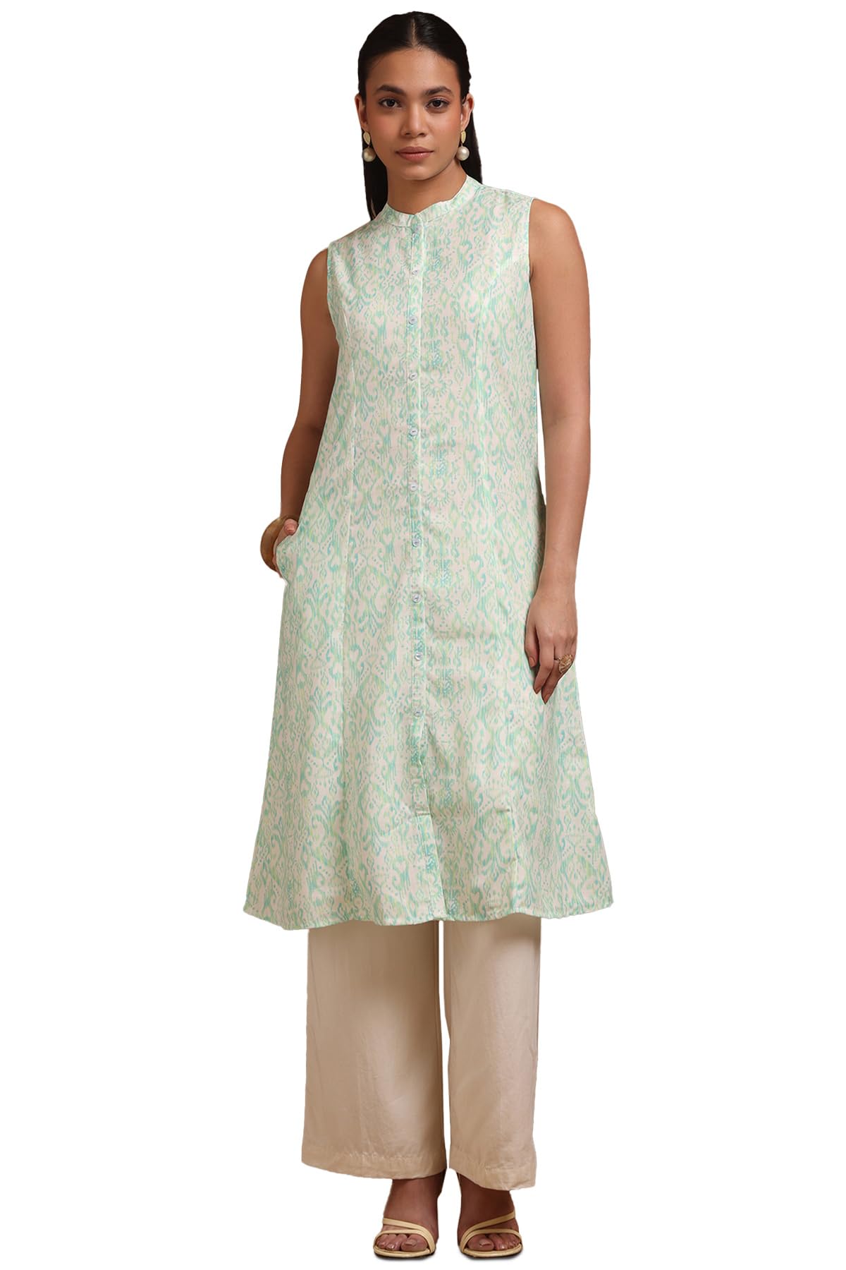 Soch Women Linen Ikat Print Kurta with Tassels