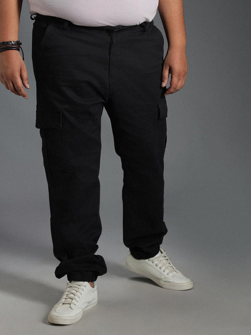 High Star Plus Size Men Relaxed Mid-Rise Cotton Plain Straight Fit Cargos Trousers Black